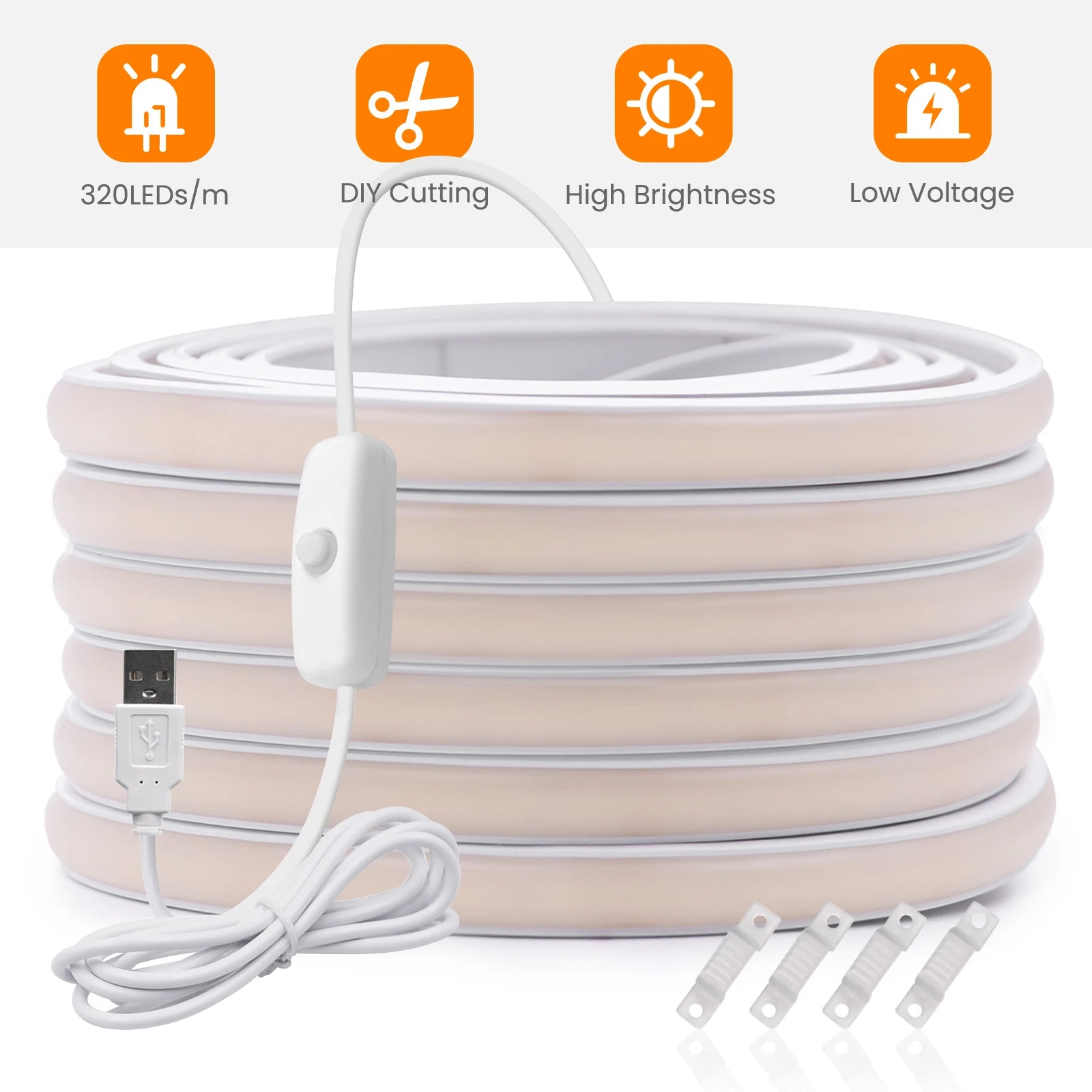 DC5V COB LED Strip With Switch 320Leds/m Flexible Neon Light USB Power Waterproof FOB LED Lights 3000K-6000K Ribbon Tape