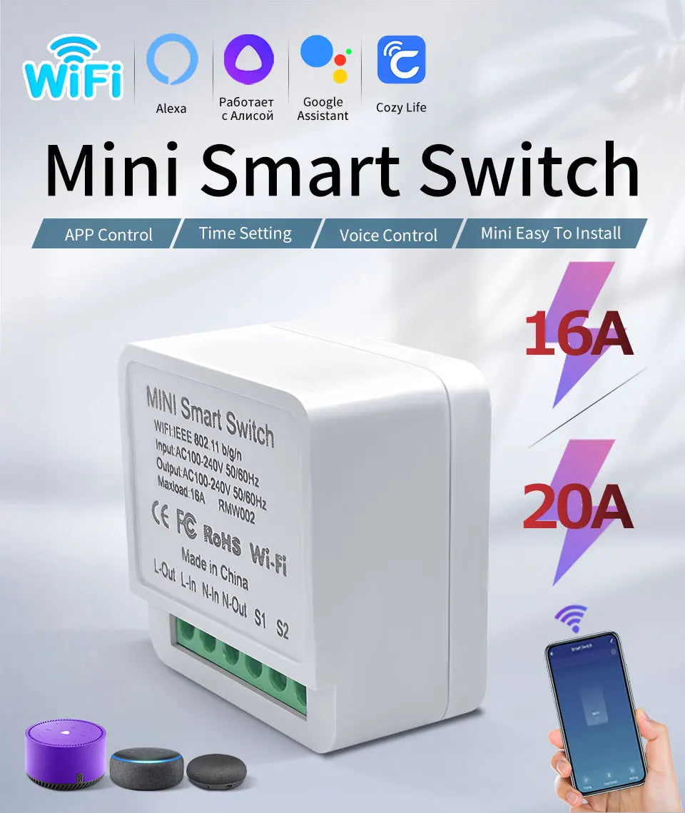 20A 16A Mini WiFi Smart Switch Cozylife App Remote Control Timer Support 2 Way Control Automation Module For Alexa Google Home