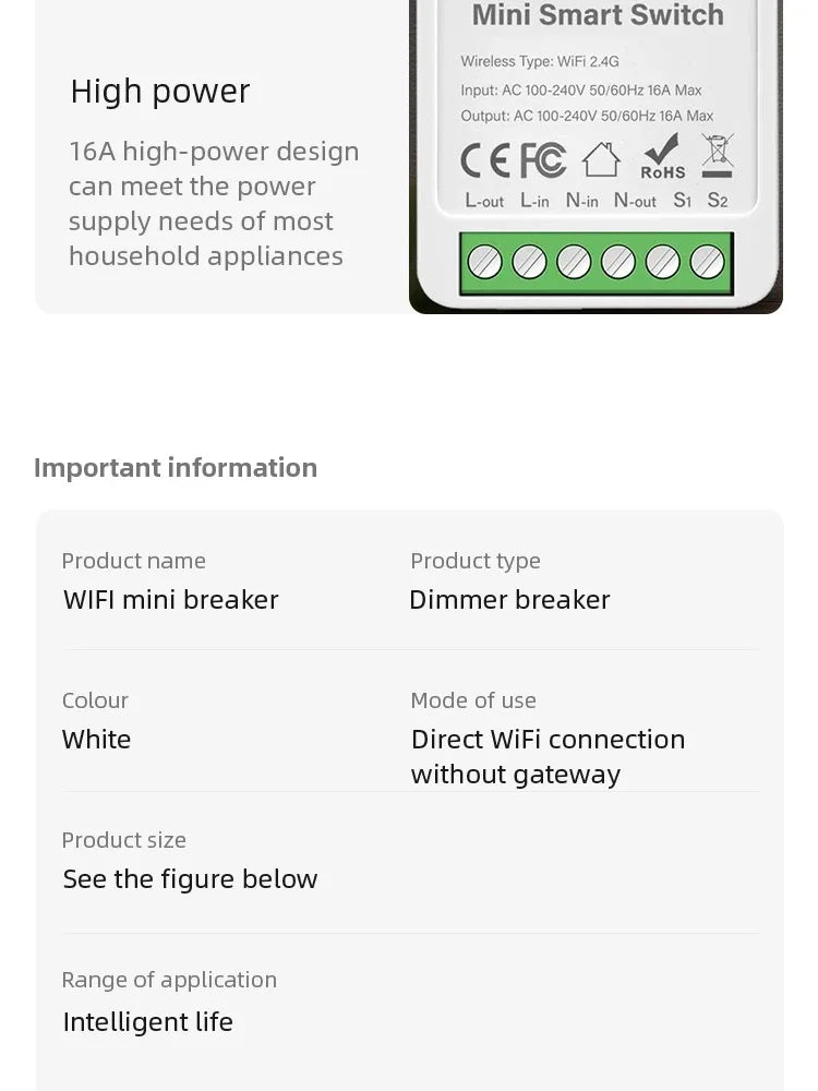 For Tuya Mini Smart WiFi Switch 16A Zigbee DIY Light Smart Switch Relay Breaker Automation Module 2-way Control Home Assistant