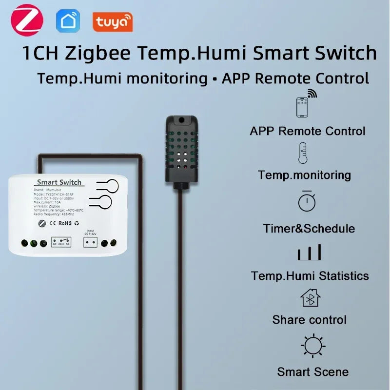 Tuya Smart TH10 Zigbee Switch with Temperature and Humidity Sensor Passive Dry Contact Zigbee Relay Work with Home Assistant