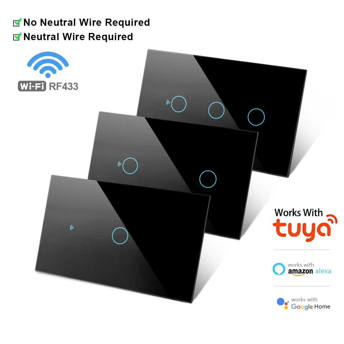 Tuya WiFi US Smart Light Switch Wall Touch Switch  Neutral wire/No Neutral wire Required 120 Type Work with Alexa, Google Home