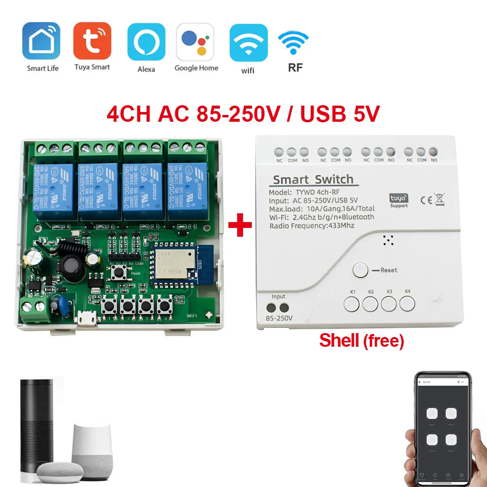 Tuya Smart Wifi Switch Module 12V 32V 220V RF 433 Radio Remote Control 1/2/4 Channels Relay for Alexa Google Home Smart Life