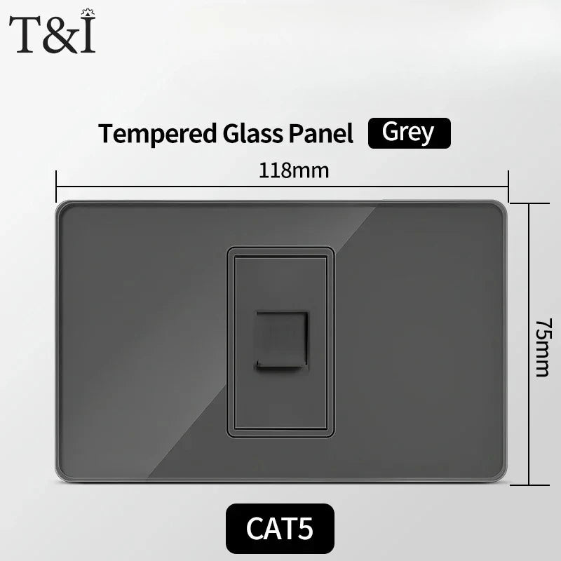 118*75mm Tempered Glass Socket US Wall Socket Grey Thai USB Socket Plug with Dual USB Type-C Ports,Light Switch 110V