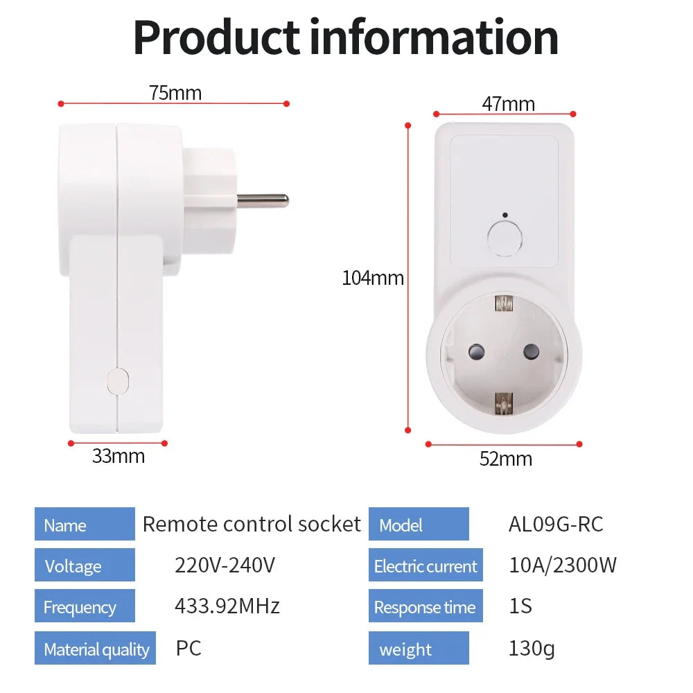 433Mhz Wireless Remote Control Socket Smart EU Plug 50m Remote Power Outlet 15A 220V-240V for Home Appliance Light Fan