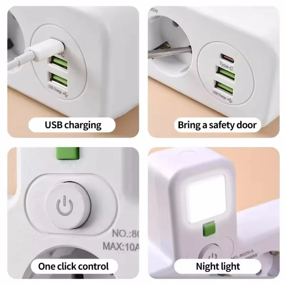 Multiple Sockets AC EU Plug Power Strip No Extension Cable With USB Ports Surge Protector Network Filter Individual Switch