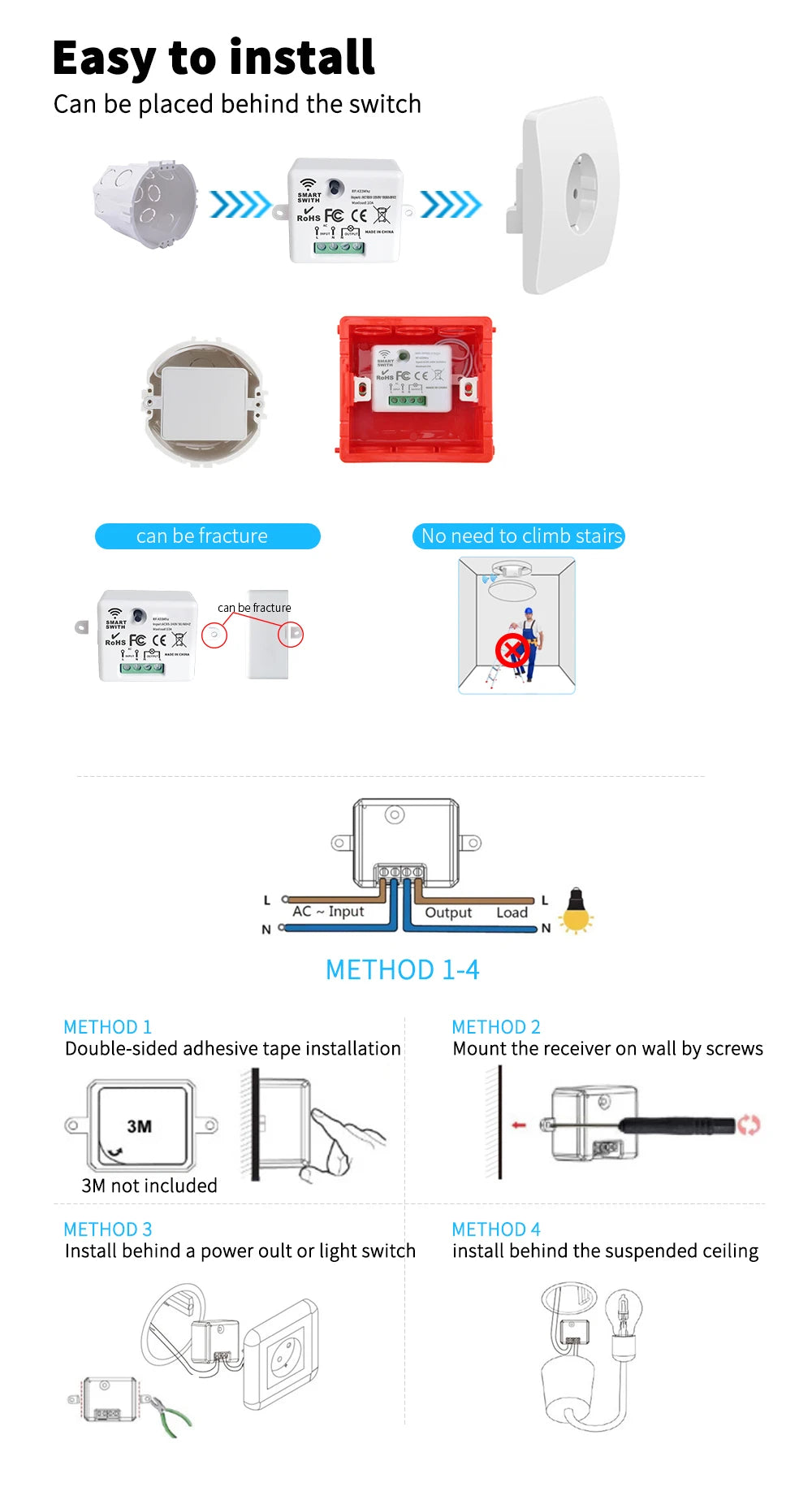 RF433 Self-Powered Wireless Light Switch, Kinetic Energy No Battery,Long Range Wall-Penetrating Signal, Easy Retrofit for Home