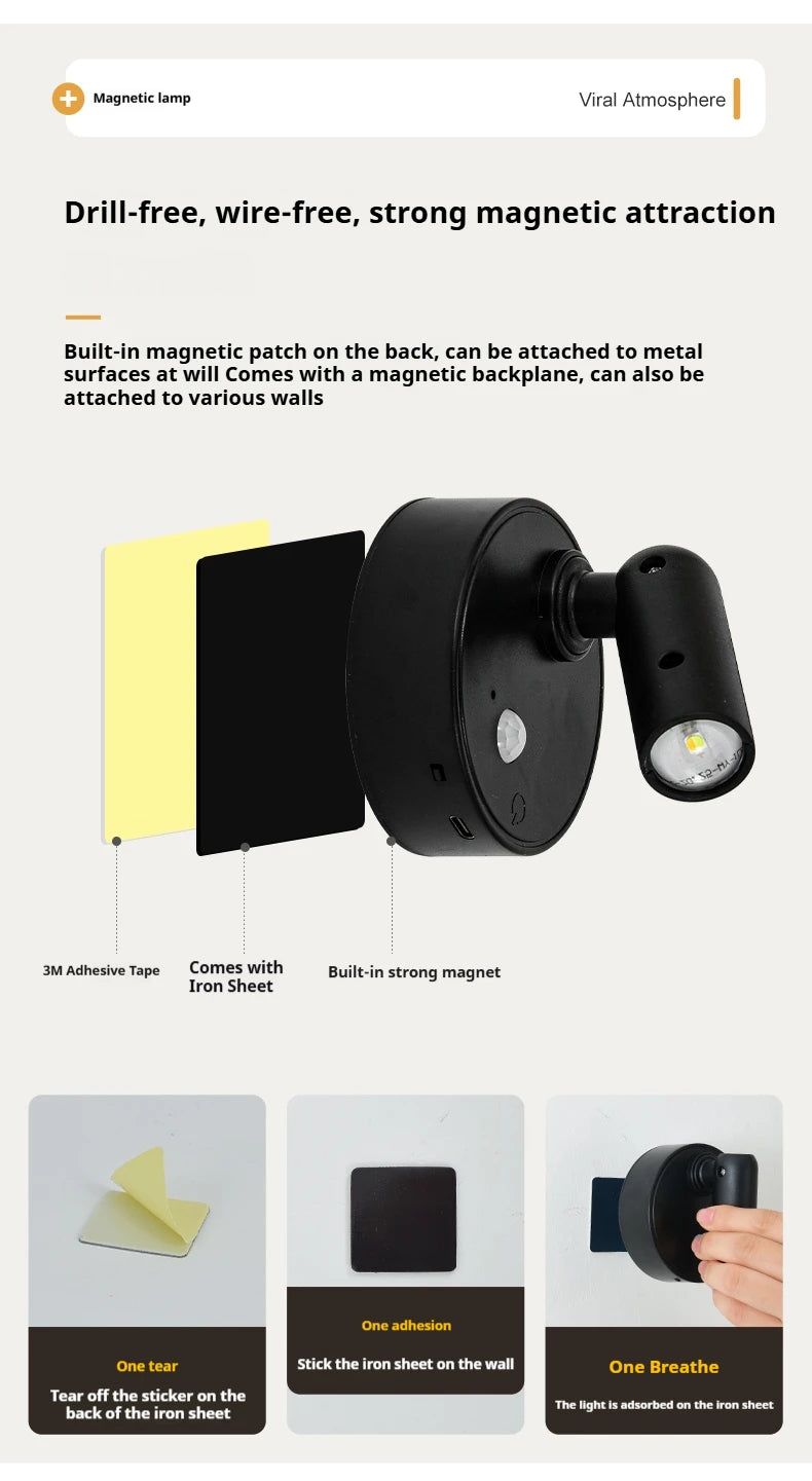 LED Light Magnetic Rechargeable Wall lamp Spotlight Atmosphere Light  No Punch Reading Light Touch Switch Dimmable Bedside Lamp