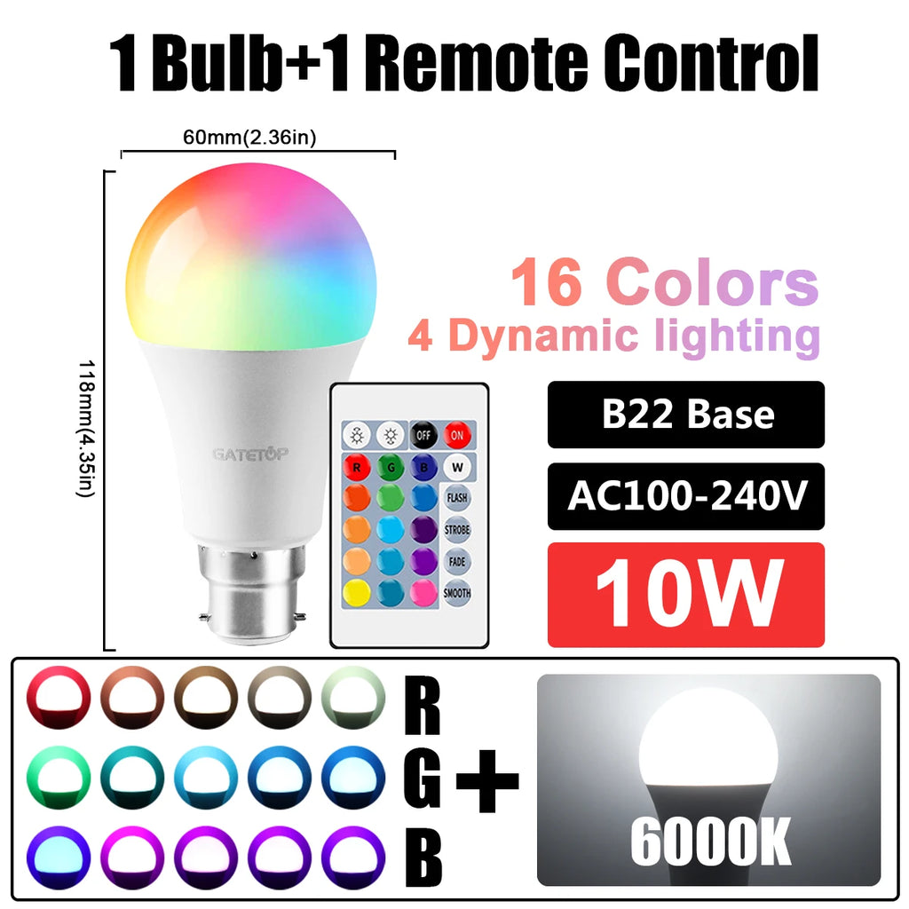1-10pcs RGB Dimmable Bulb E27 B22 110V 220V Lamp Smart 24 Key Remote Control RGBW Light Dimming Bulbs for Livingroom