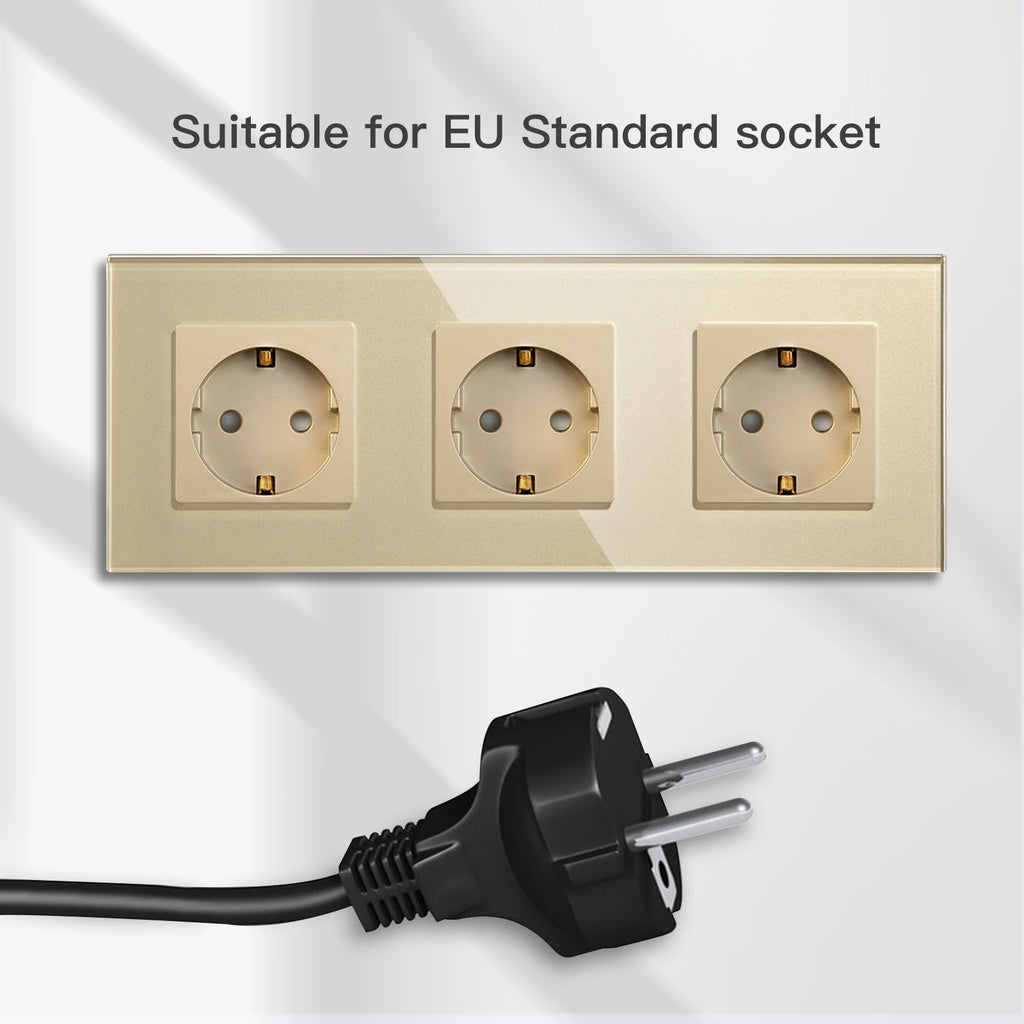 BSEED EU Standard Single Wall Socket Double Power Plugs With White Black Crystal Glass Panel Triple Outlets 16A 110V-250V