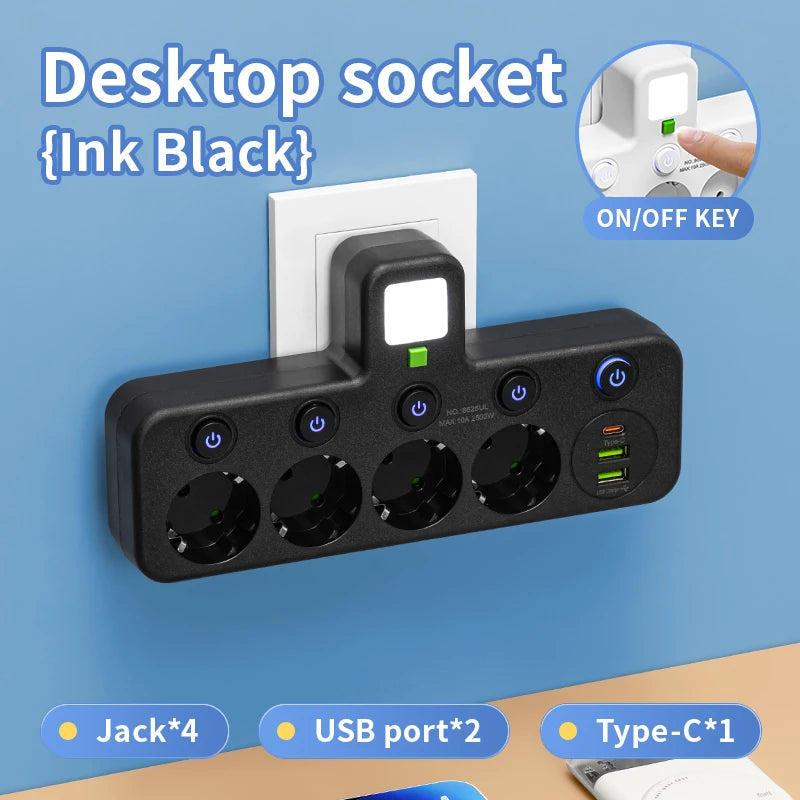 EU Plug Outlet 2-6 Sockets Electrical Socket No Extension Cord With or without it USB Type-C Ports Two specifications