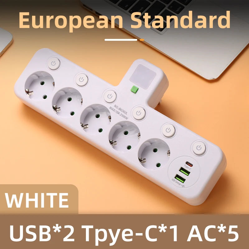 EU Plug Wall Mounted European Standard Socket Power Strip 5 AC Independent Switch With USB C Charging Network Filter Adapter
