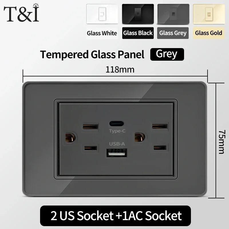 US MexicoSeries Tempered Glass Panel Plate Power Wall Socket USB Type-C Outlet Light Switch 2Way Control Home Office 110V