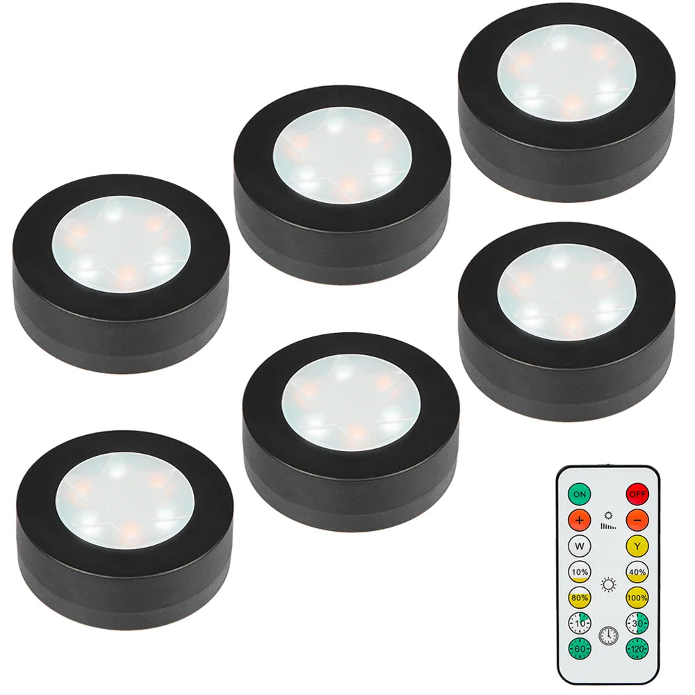 1-6Pcs Black CCT Round LED Under Cabinet Closet Light Furniture Dimmable Wardrobe Lamp Warmwhite White 3000-6500K Remote Control