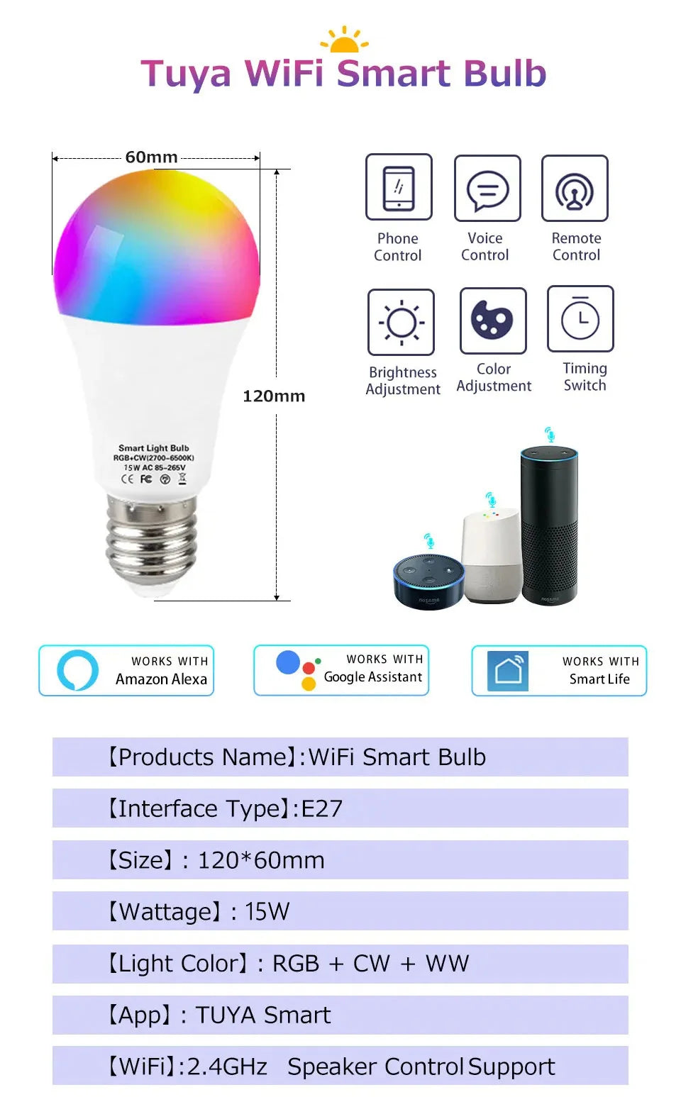 Tuya Smart WiFi LED Light Bulb E27 AC85-265V 12W 15W 18W Alexa Google Home Voice Control Smart Life APP RGB Color Changing Lamp