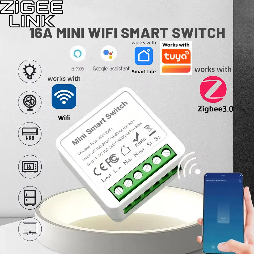 For Tuya Mini Smart WiFi Switch 16A Zigbee DIY Light Smart Switch Relay Breaker Automation Module 2-way Control Home Assistant