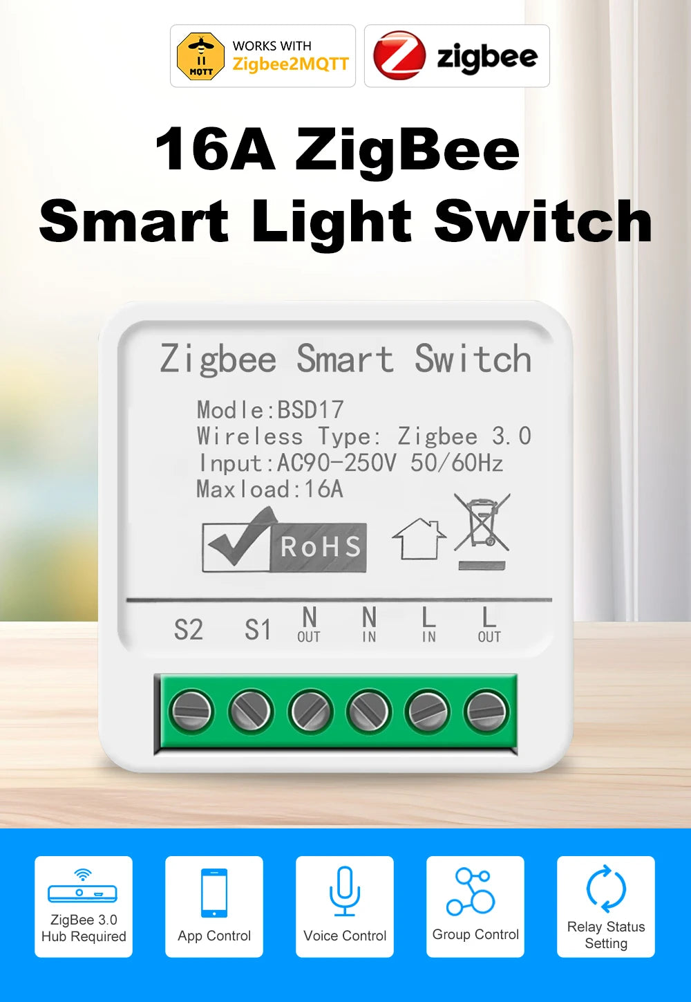 Smart ZigBee3.0 Light Switch Module 16A MiNi DIY Breaker Switch Supports 2 Way Control App Remote Control for Alexa Google Home