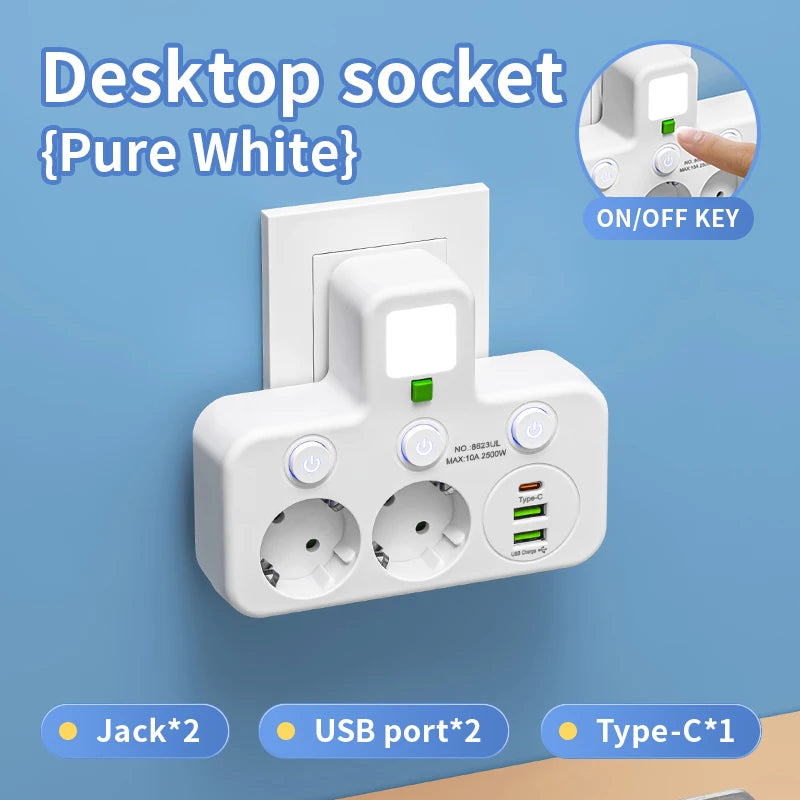 EU Plug Wall Mounted European Standard Socket Power Strip 5 AC Independent Switch With USB C Charging Network Filter Adapter
