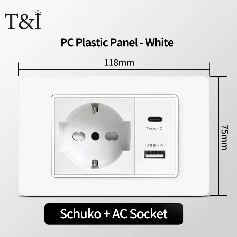 118 PC Plastic Panel Socket USB Type-C 20W Fast Charging Italy Chile Smart Wall Outlet Plug White Light Switch Home Office