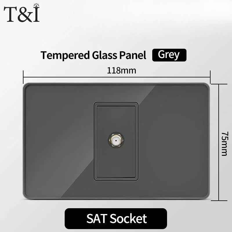 118*75mm Tempered Glass Socket US Wall Socket Grey Thai USB Socket Plug with Dual USB Type-C Ports,Light Switch 110V
