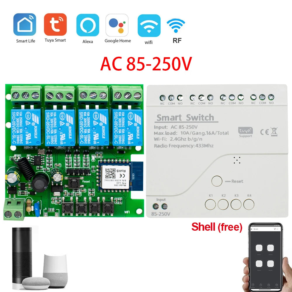 Tuya Smart Wifi Switch Module 12V 32V 220V RF 433 Radio Remote Control 1/2/4 Channels Relay for Alexa Google Home Smart Life