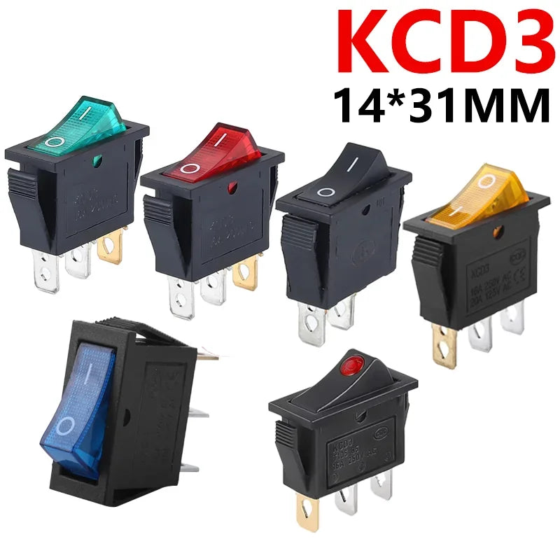 5/20PCS KCD3 Rocker Switch with LED ON OFF 16A 250V 220V 3 Pin 20A Small Light Cover Cap for Electric 2Position Switch