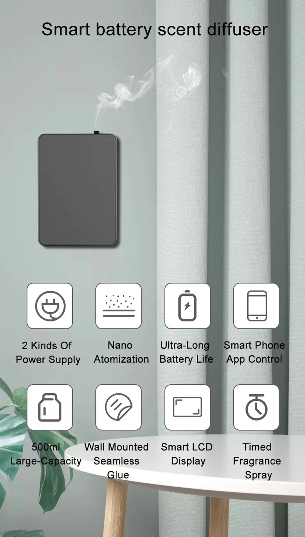 Smart Essential Oil Diffuser Bluetooth APP Control Battery Wall Mounted Aroma Diffuser 500ml Coverage Scent Machine Hotel Home