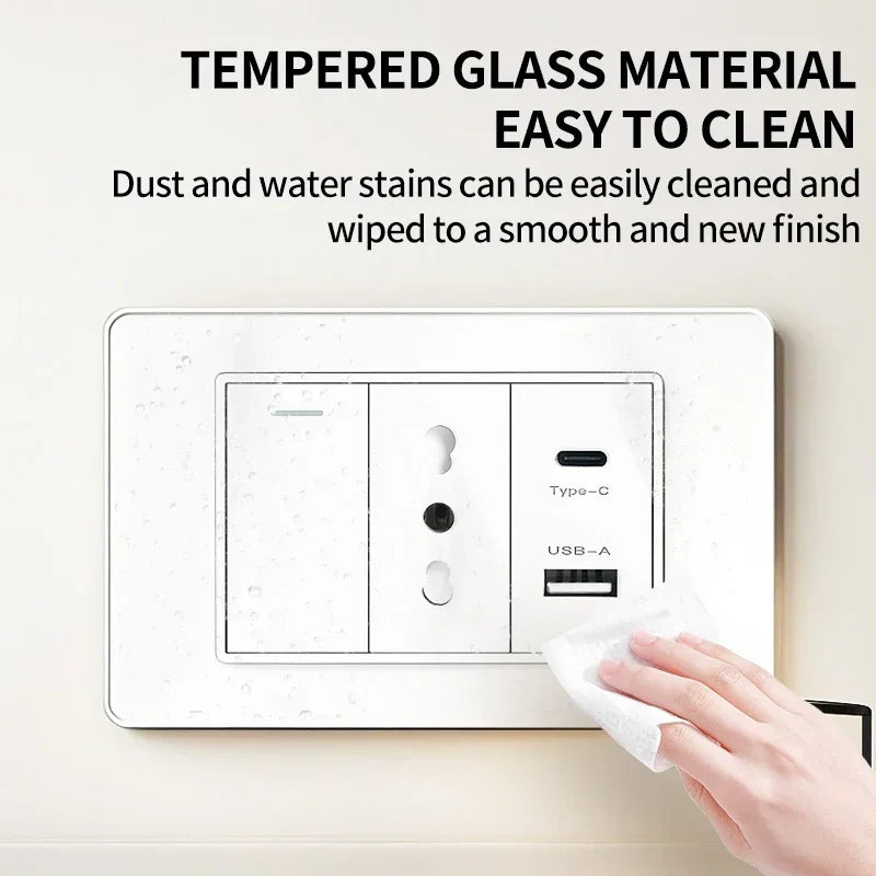 118 Series Black Tempered Glass Wall Switch Socket Italy Standard 16A Outlet with USB Type-C 20W Fast Charging for Home Office