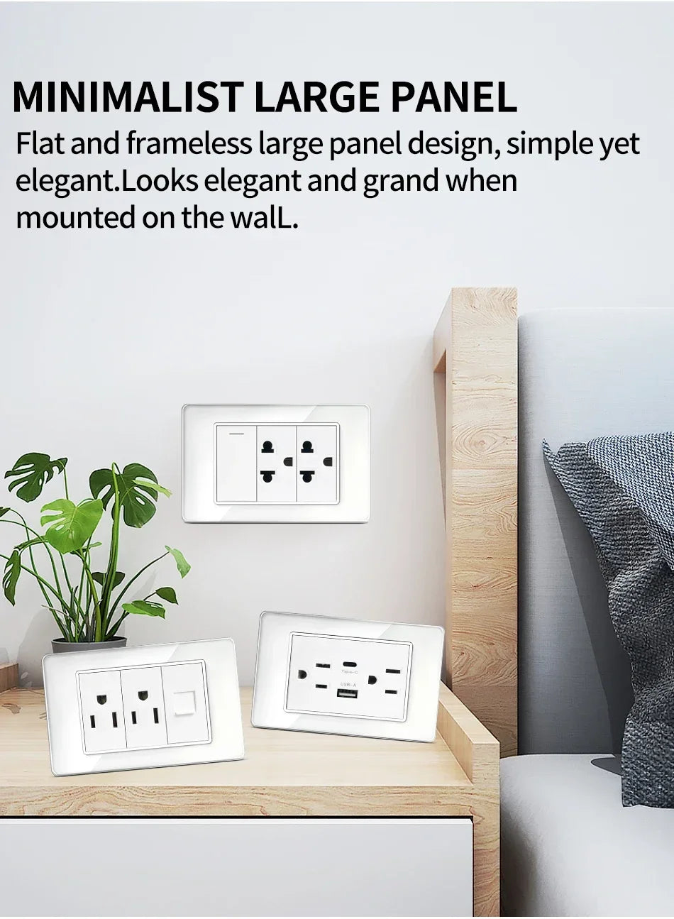 US MexicoSeries Tempered Glass Panel Plate Power Wall Socket USB Type-C Outlet Light Switch 2Way Control Home Office 110V