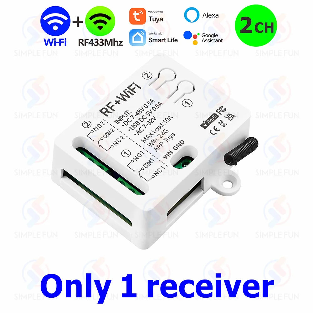 Tuya WiFi RF433mhz Motor Remote Control Switch 2 CH DC 12V 24V DIY Switch/Garage Door Opener/Motor,Work with Alexa Google Home