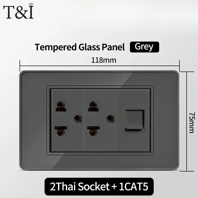 118*75mm Tempered Glass Socket US Wall Socket Grey Thai USB Socket Plug with Dual USB Type-C Ports,Light Switch 110V