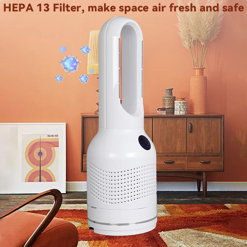 Smart 3-in-1 Air Purifier Bladeless Tower Pedestal Fan with Electric Heater and Leafless Standing Feature for Household Use
