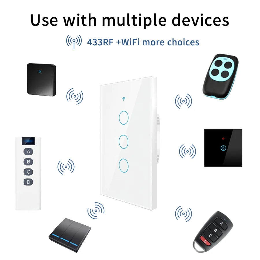 Smart Switches US Neutral Wire/No Neutral Wire Required 1/2/3/4 Gang Light WiFi Touch Switch Works with Tuya Smart Life App