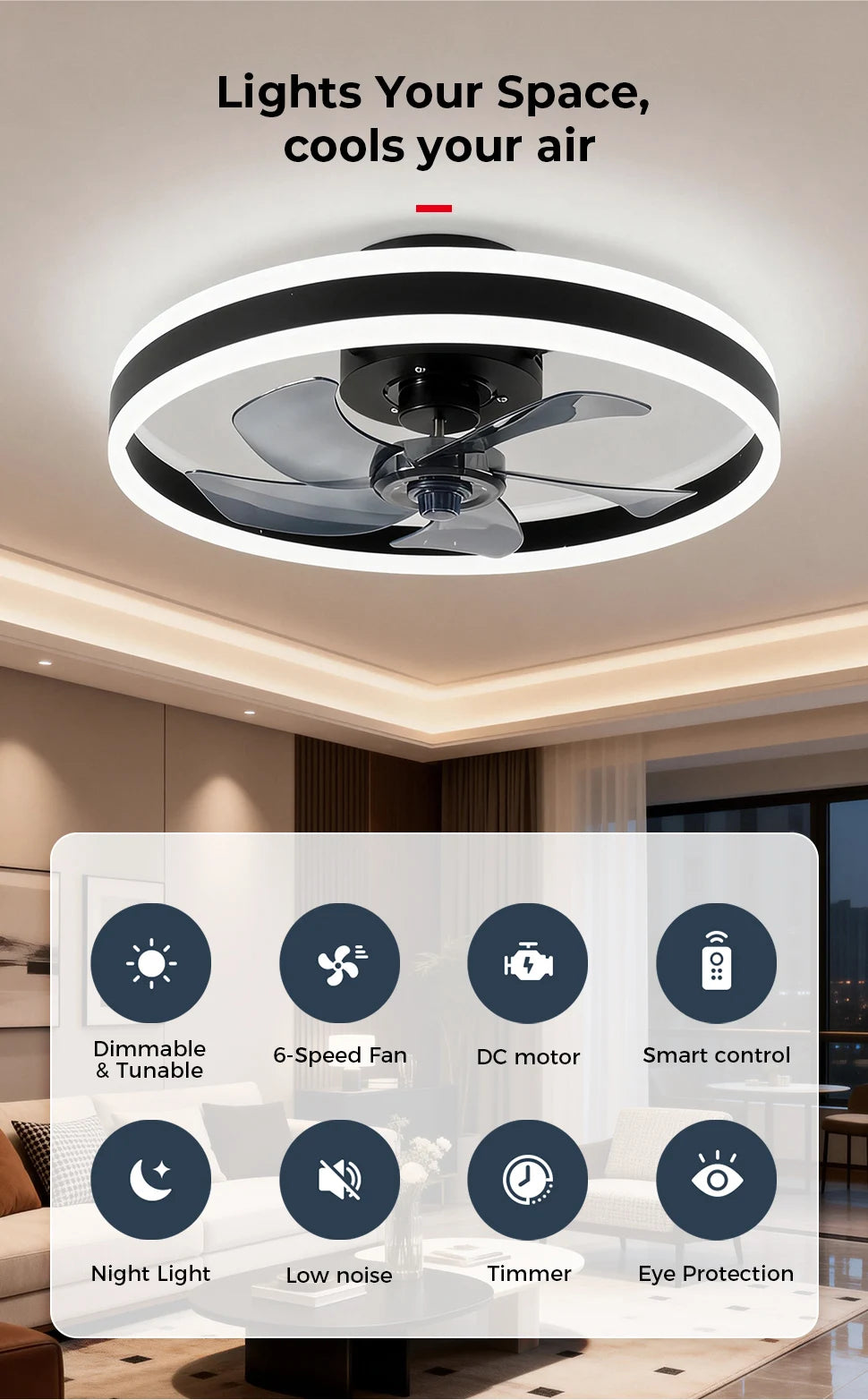 Smart Ceiling Fan with Light Remote Control App LED Dimming 6 Speed Wind Speed Fan Light for Bedroom Silent Fan with Lighting