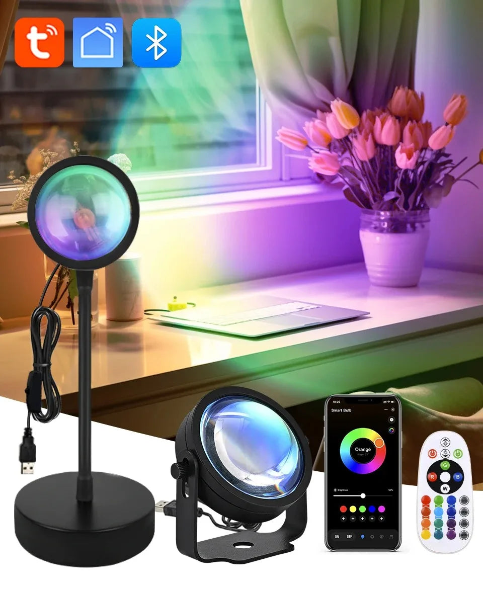 Tuya Smart Led Sunset Projector Lamp Smart Life App IR Remote Control RGB Atmosphere Spotlight Night Light for Party Photography