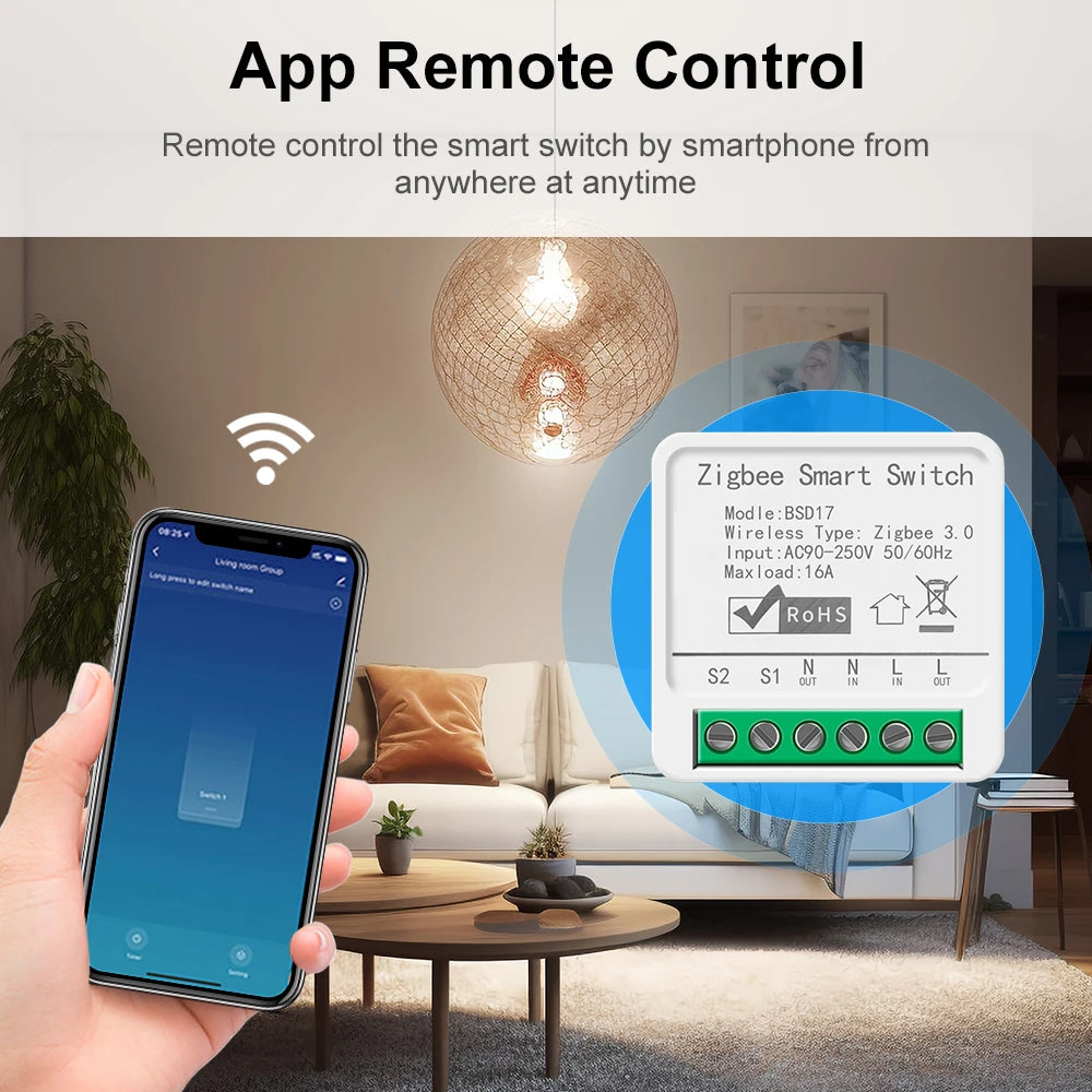 Smart ZigBee3.0 Light Switch Module 16A MiNi DIY Breaker Switch Supports 2 Way Control App Remote Control for Alexa Google Home