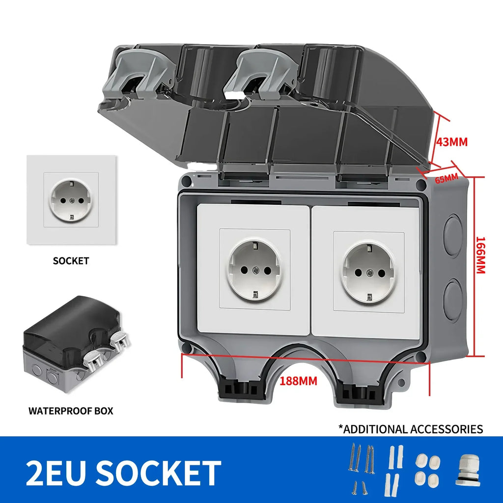 IP66 Outdoor Socket 220V EU Sockets with Switch Waterproof Double Plug for Garden Courtyard Use Waterproof Socket Box