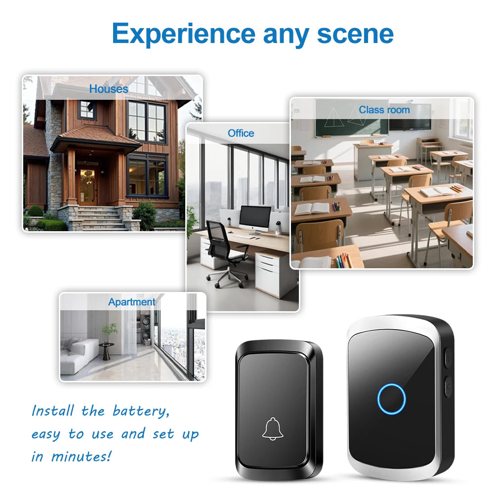 Smart Wireless Doorbell Door Chime Kit No Socket Required 300M/984 FT Remote 60 Songs Melodies Sound Home Battery Type Door Bell