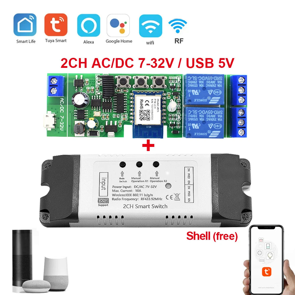 Tuya Smart Wifi Switch Module 12V 32V 220V RF 433 Radio Remote Control 1/2/4 Channels Relay for Alexa Google Home Smart Life