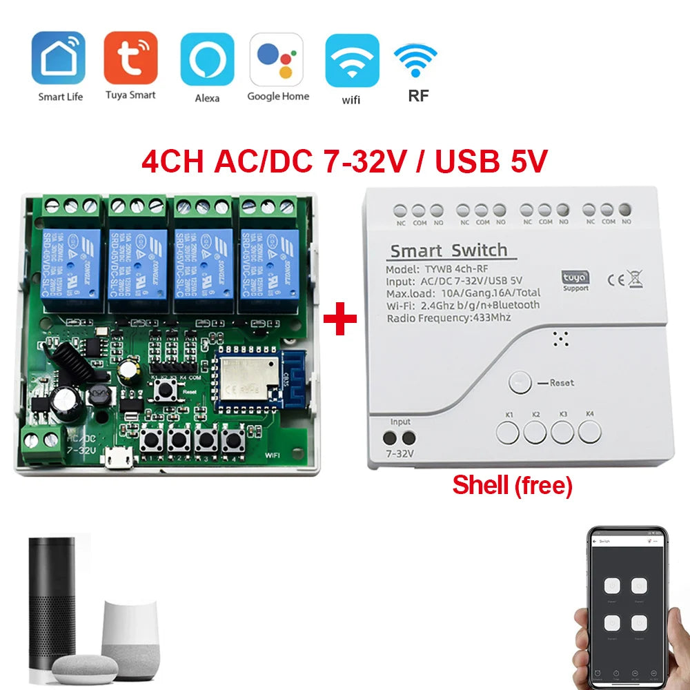 Tuya Smart Wifi Switch Module 12V 32V 220V RF 433 Radio Remote Control 1/2/4 Channels Relay for Alexa Google Home Smart Life