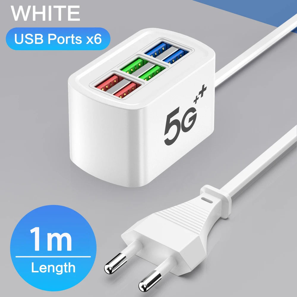 6 in 1 Fast USB Charger Power Strip Desktop Fast Charging Station with 1m Cord USB Hub Adapter Socket for iPhone Home EU US Plug