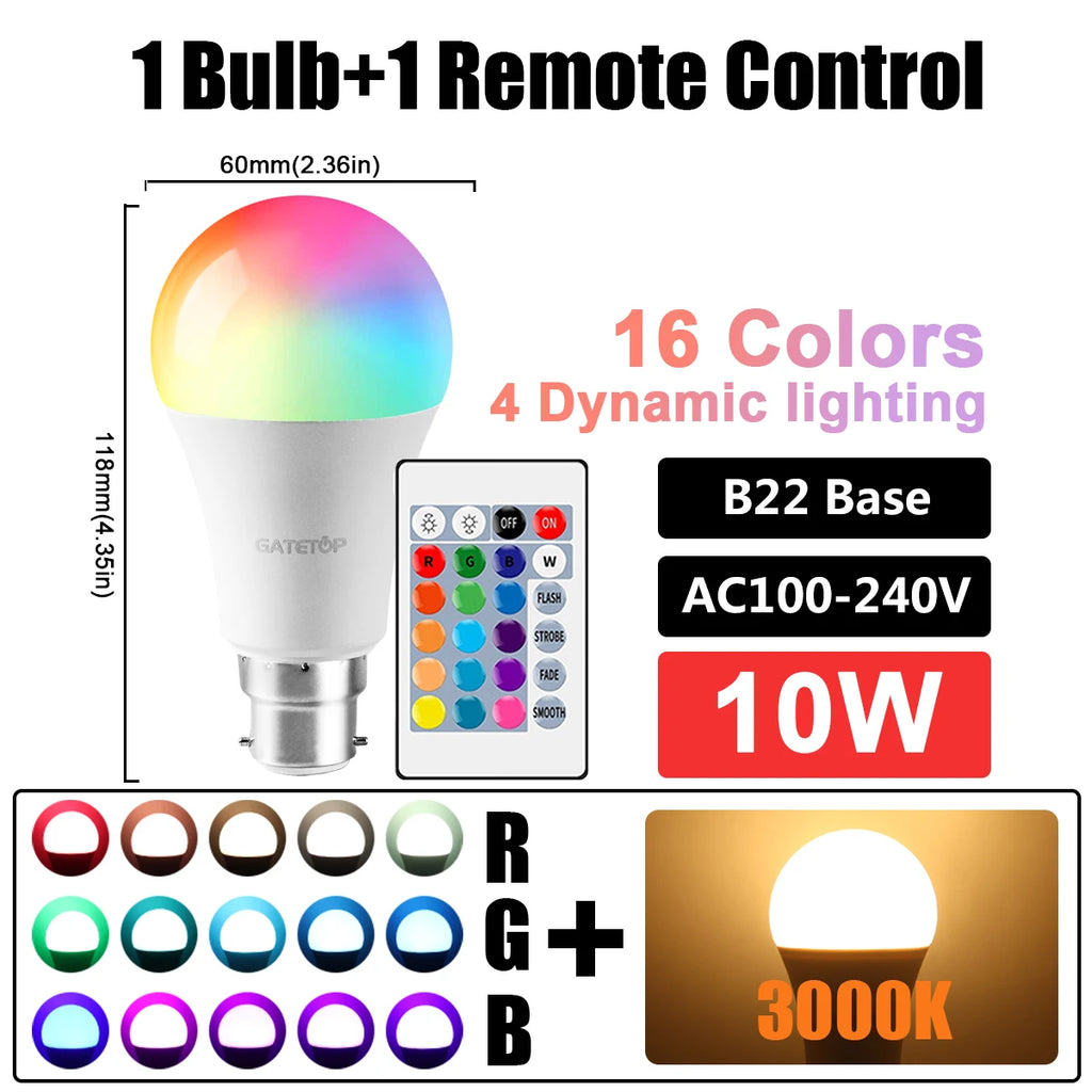 1-10pcs RGB Dimmable Bulb E27 B22 110V 220V Lamp Smart 24 Key Remote Control RGBW Light Dimming Bulbs for Livingroom