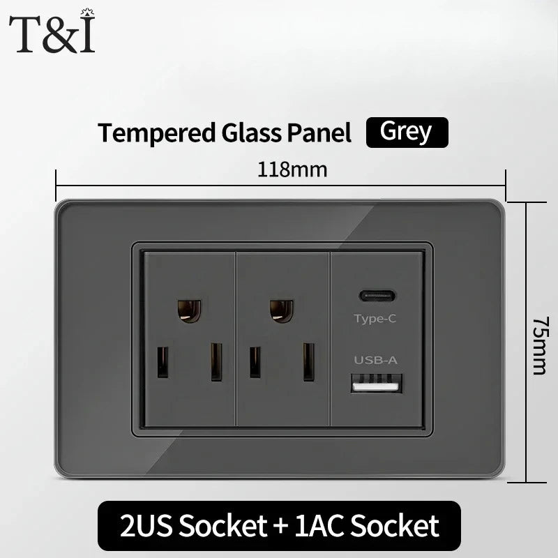 118*75mm TEMPERED GLASS SWITCH PANEL Wall Socket with USB Type - C, Grey US Switch, Thai Plug for Home & Office Use