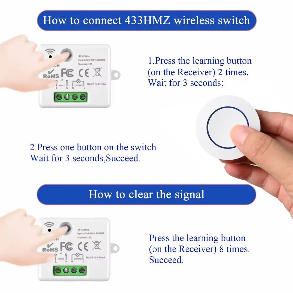 AXUS 110V 220V Mini Receiver 433HMz Wireless Round Button Remote RF Safey Switch Module 2200W Fr Home LED Lamp Bulb