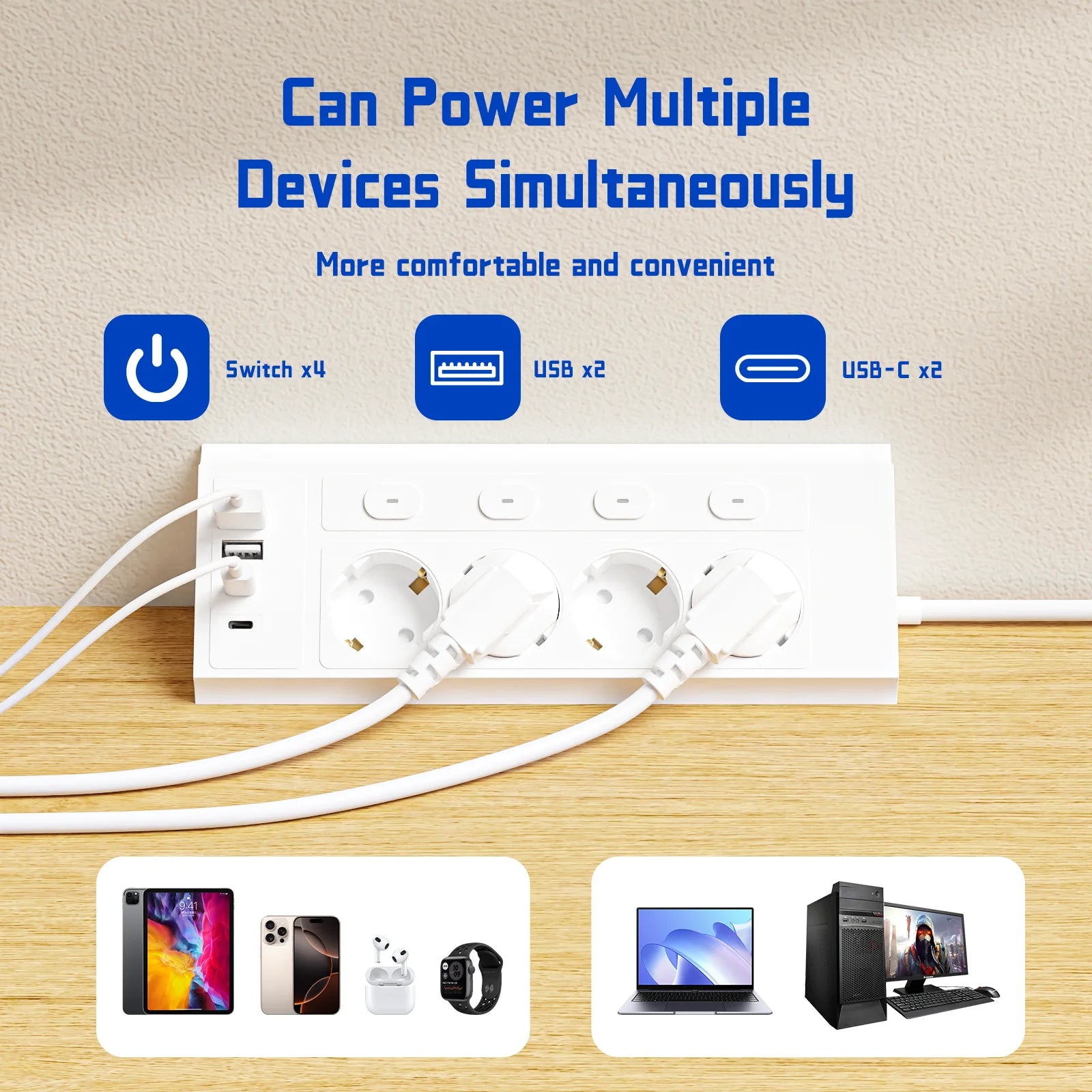 8-in-1 EU 4-switch power strip, 1.5-meter extension power strip, 4 AC sockets, 2 USB 2 Type-C ports, corner power strip, indepen