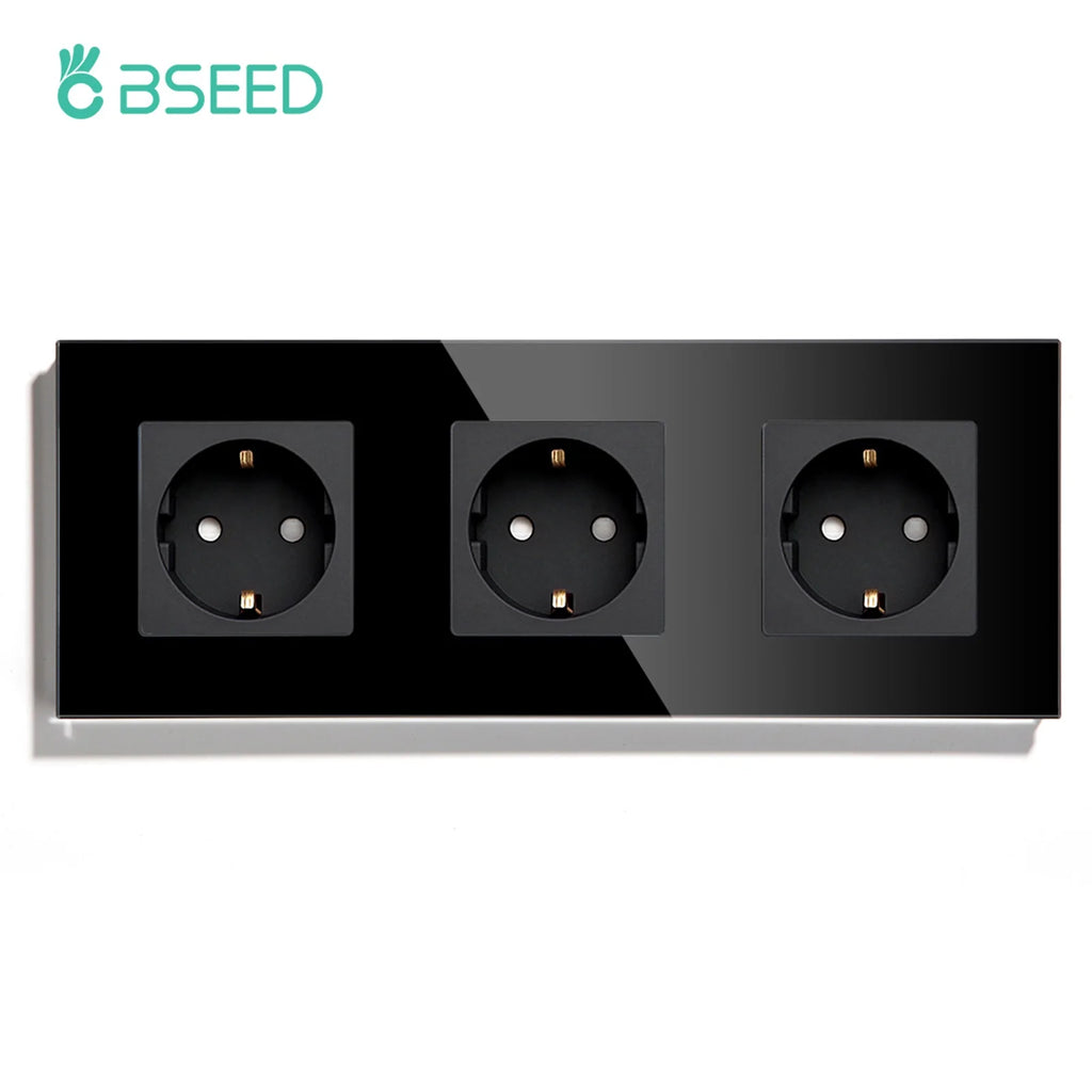 BSEED EU Standard Single Wall Socket Double Power Plugs With White Black Crystal Glass Panel Triple Outlets 16A 110V-250V
