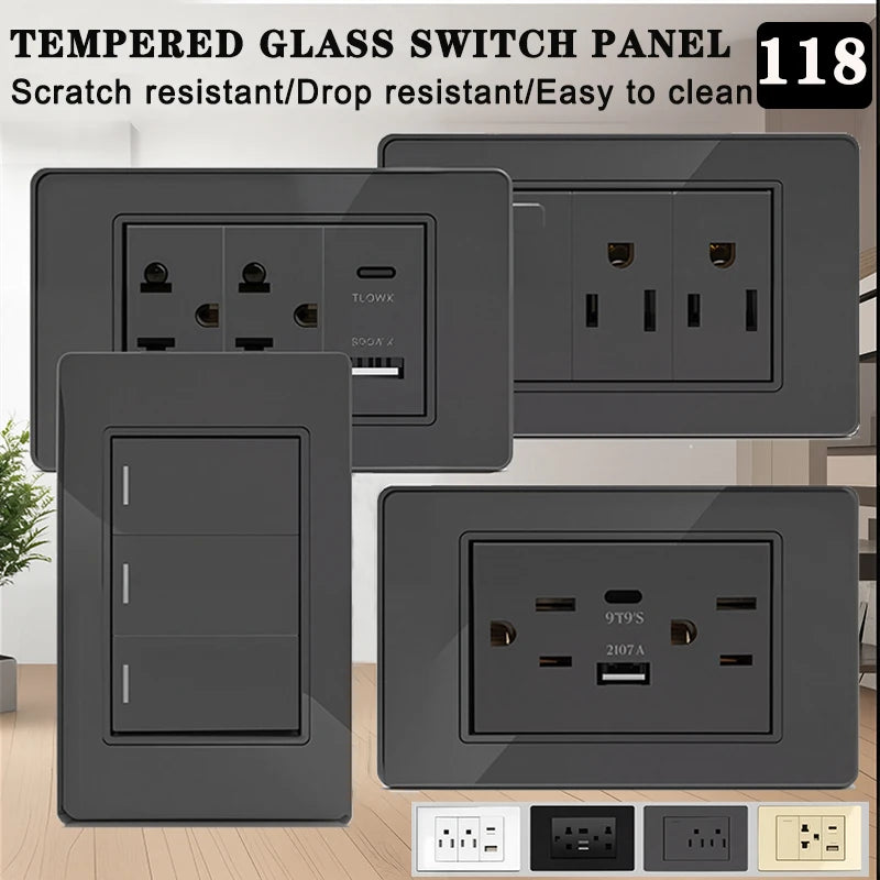 US MexicoSeries Tempered Glass Panel Plate Power Wall Socket USB Type-C Outlet Light Switch 2Way Control Home Office 110V