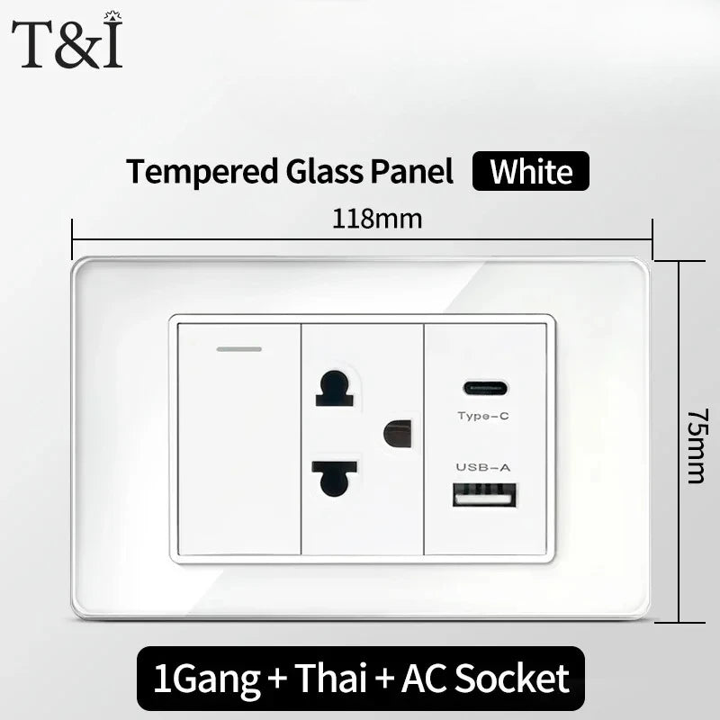 T&I 118*75mm Tempered Glass US Wall Socket White Thai USB Socket Plug with Dual USB Type-C Ports,Light Switch 110V