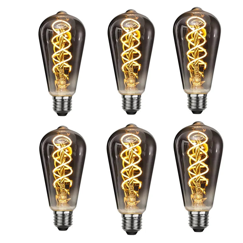 6PCS LED ST64 Smoky Gray E27 2700K Warm GSpiral Filament Bulb 4W 220V 110V Retro Vintage Decorative Lighting Dimmer Edison Lamp