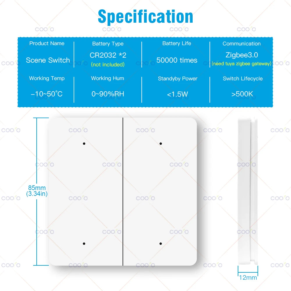 Smart Tuya ZigBee Scene Switch 4 Gang 12 Scene Switch Push Button Controller Battery Powered Automation Scenario for Tuya Device