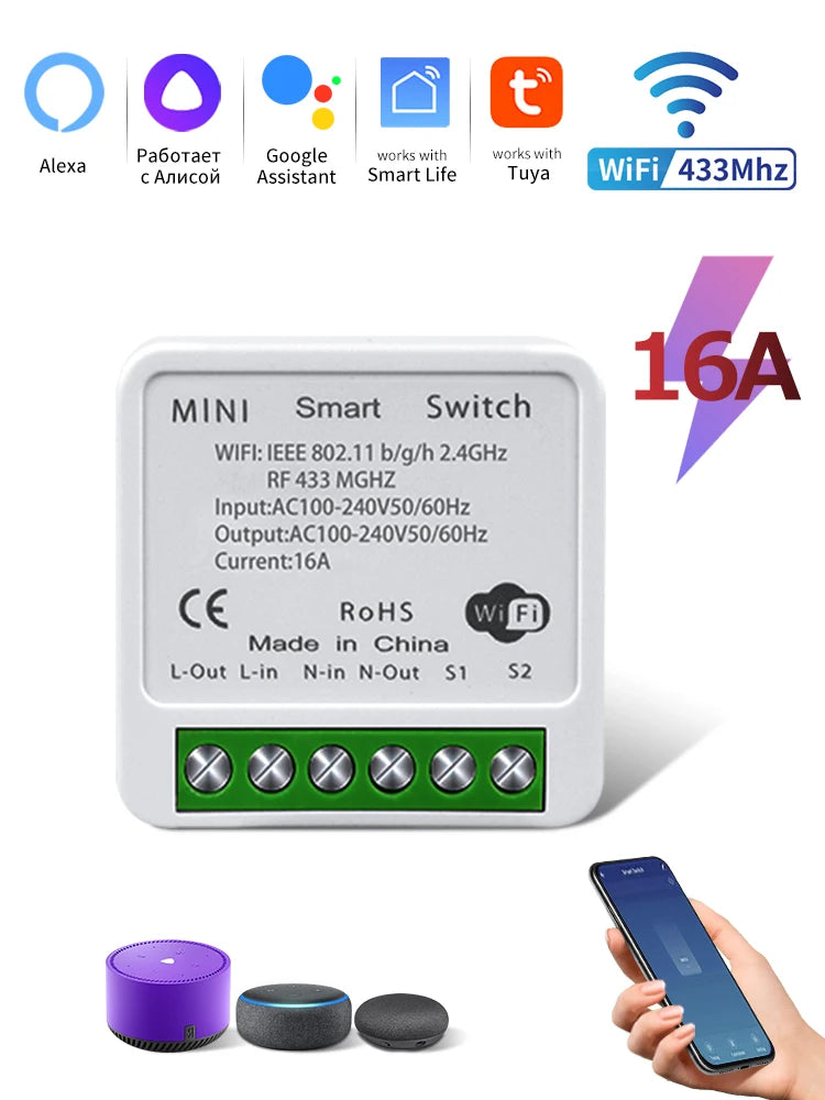 110V 220V Tuya WiFi 433Mhz 16A Wireless Relay Receiver Mini Round Panel Switch Smart Switch For Alexa Google Home Voice Control